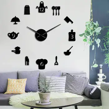 Акриловая наклейка 3D Wall Clcok с бесшумным часовым механизмом Креативные Кухонные инструменты Акриловые зеркальные наклейки Искусство украшения Часовой механизм