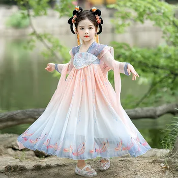 Платье Hanfu для девочек, костюм Tang на весну-осень 2023, высококачественный жемчуг с V-образным вырезом, лоскутная вышивка, одежда для показа древних костюмов