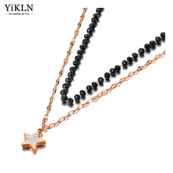 YiKLN Нержавеющая сталь, ожерелья с подвесками в виде черной хрустальной звезды, Богемное двухслойное ожерелье-цепочка для женщин YN21136